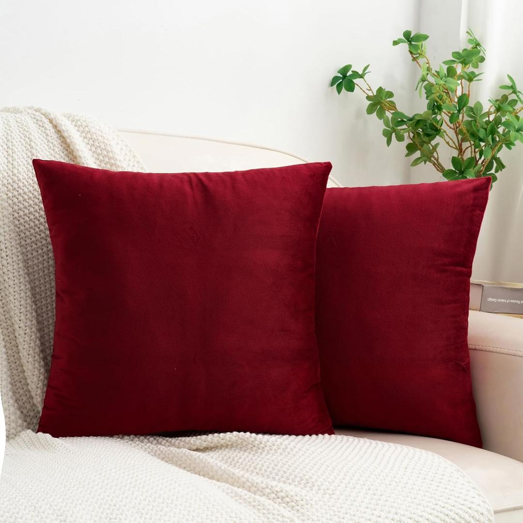 HWY 50 Burgundy Red Velvet Throw Pillow Covers 18x18 Inch, Pack of 2 Soft Cozy Solid Decorative Luxury Cushion Cases for Couch Sofa Bed Living Room Bedroom