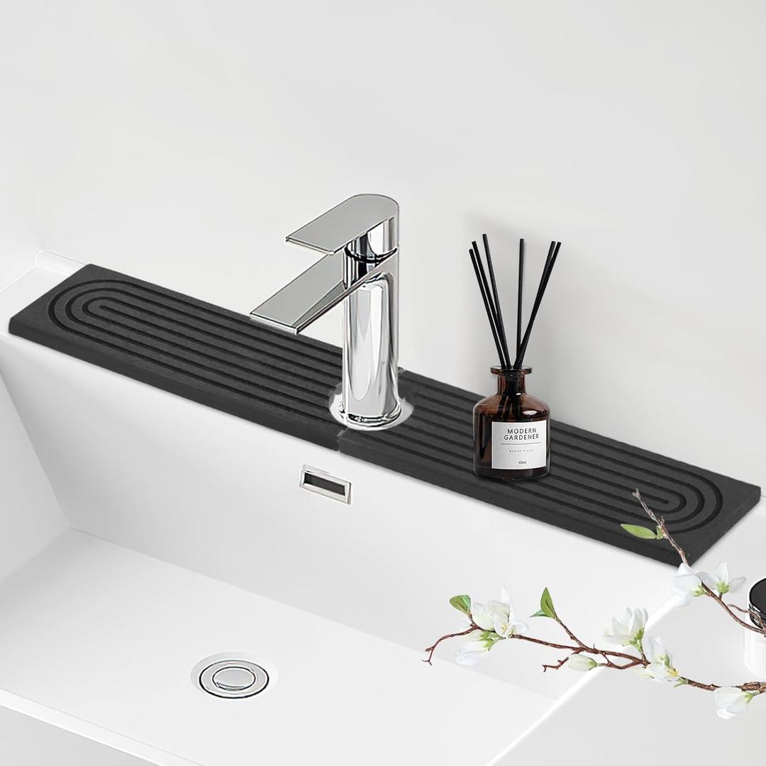 Faucet Mat for Kitchen Sink - 23.6" Diatomite Fast Stone Drying Mat for Kitchen Counter Tray Absorbent Mat Faucet Splash Guard for Kitchen Sink and Bathroom Counter (Deep Gray, 23.62"x3.94")