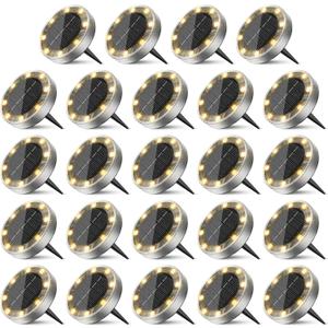 24 Pack Solar Ground Lights Outdoor, 8 LED Mini Flat Solar Disc Lights, IP65 Waterproof Pathway Lights Solar Powered, Landscape Lighting for Garden Walkway Driveway Yard Lawn,Warm White