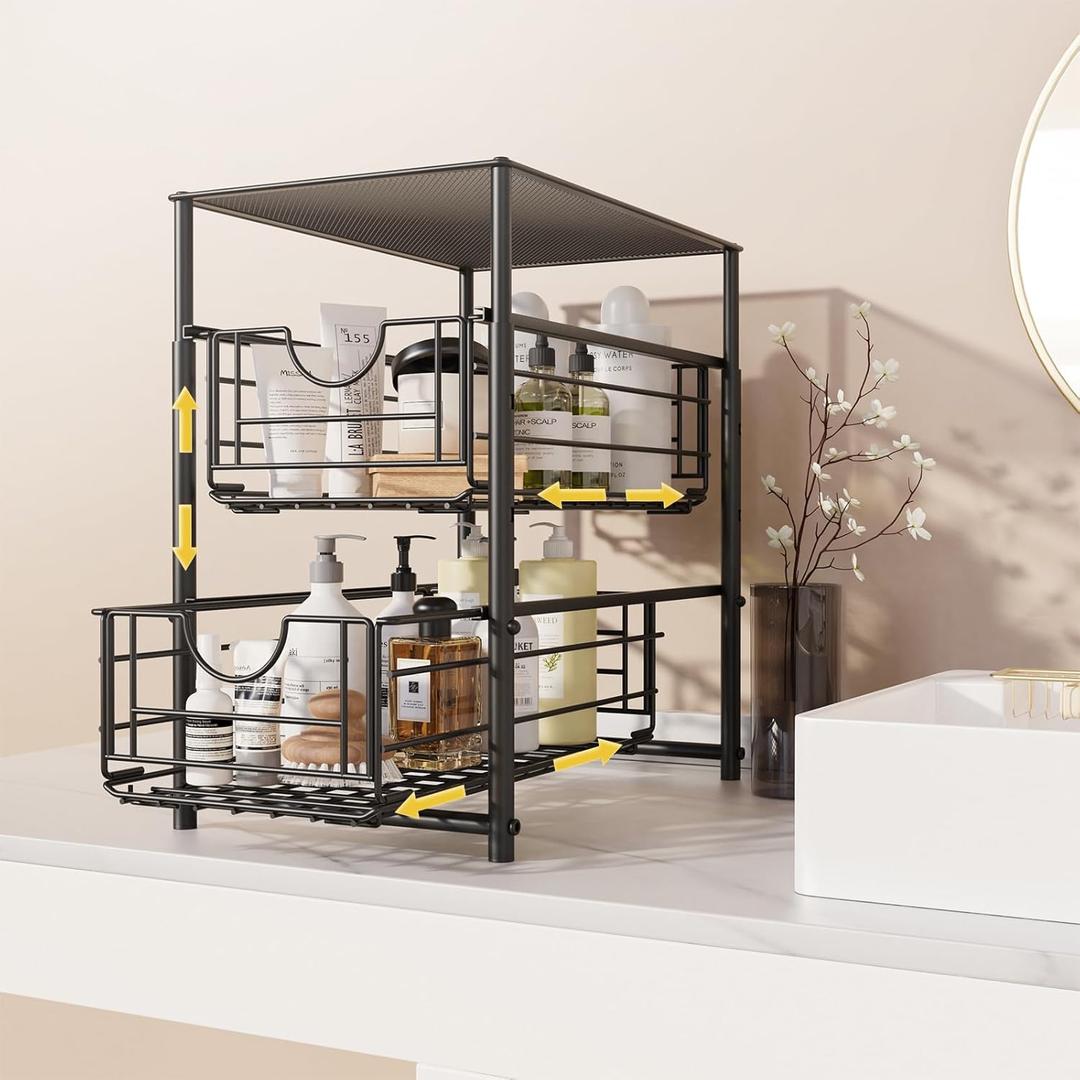 Under Sink Organizers and Storage, 2 Tiers Metal Adjustable Height Pull Out Cabinet Organizer, Stackable Slide Out Drawers for Kitchen Cabinets Bathroom Organizers and Storage