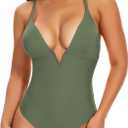 SHAPERIN Women's One Piece Swimsuit Deep V Neck Bathing Suits Tummy Control Push Up Padded Swimwear (Green, S)