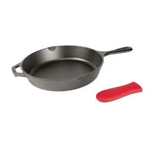 Lodge 12 Inch Cast Iron Skillet with Red Silicone Hot Handle Holder – Pre-Seasoned Frying Pan for Stove, Oven, Grill & Campfire – Made in the USA – Durable, Nonstick Cast Iron Cookware – Black