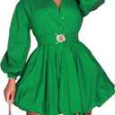 Uni Clau Women's Casual Party Mini Dress Button Down Long Sleeve Belted Bubble A-line Loose Fall Dresses Green S
