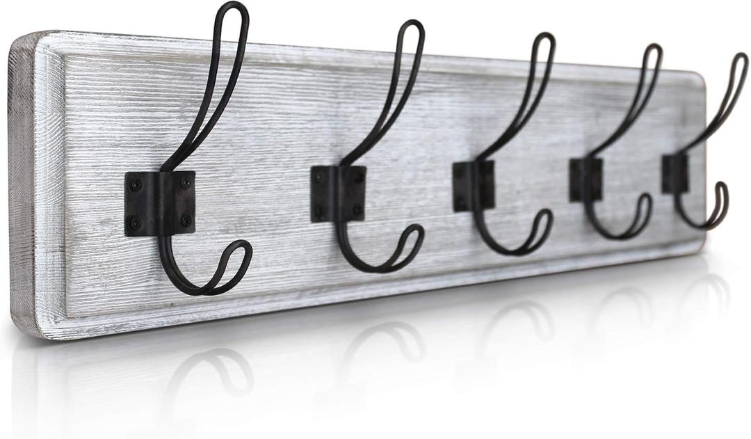HBCY Creations Rustic Coat Rack - Wall Mounted Whitewash 24" Entryway Coat Hooks - 5 Rustic Hooks, Solid Pine Wood. Perfect Touch for Your Entryway, Kitchen, Bathroom... (Whitewash)