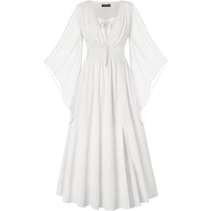 SCARLET DARKNESS Renaissance Dress Women Bell Sleeve Fairy Dresses Witch Costume Split Maxi Dress with Pockets, Size: S