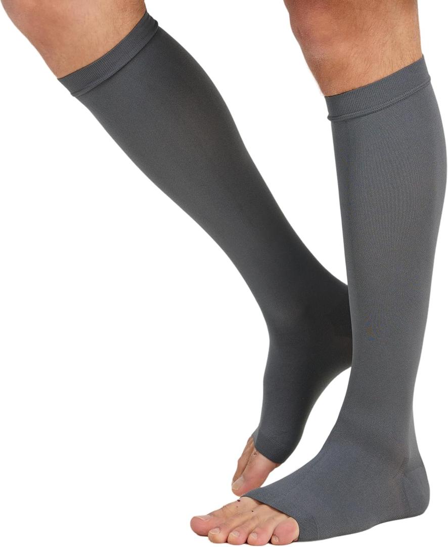 MGANG 20-30 mmHg Compression Stocking for Men and Women, Medical Compression Socks, Knee High Length, Open Toe, for DVT, Varicose Veins, Relief Shin Splints, Edema, Gray Small