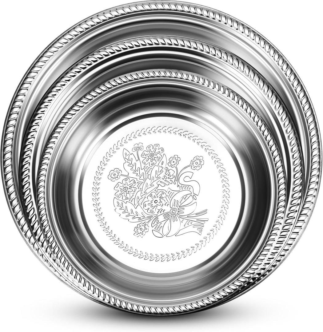3 Pack Round Serving Trays Stainless Steel Large Silver Serving Platter 15.75" 13.78" 11.8" Circle Mirror Metal Tray Set for Party Kitchen Home Decoration Housewarming Gifts(Floral Engraved)