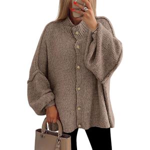 PRETTYGARDEN Women's Winter Button Down Cardigan Sweaters Mock Neck Lantern Long Sleeve Chunky Knit Jacket Trendy Outerwear (Camel, Small)