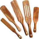 Wooden Spurtle Kitchen Utensils,QWKIT 5Pcs Premium Natural Teak Wood Slotted Spurtle Spatulas Spoons Set for Nonstick Cookware Kitchen Cooking Heat Resistant Non Stick (5)