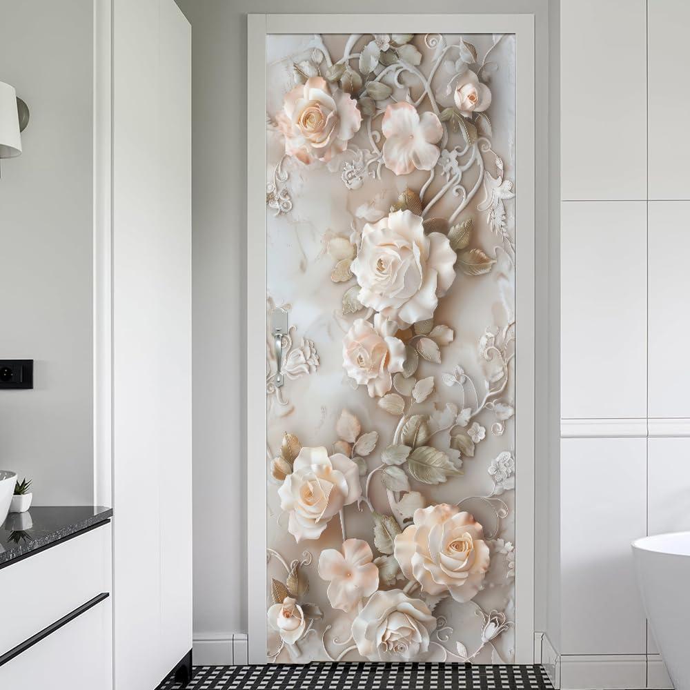 REDAMANCY Modern Ivory Pink White Rose Florals Peel and Stick Door Stickers Vinyl Mural Decals Decor Modern Wallpaper Self-Adhesive, Waterproof, Removable (Mta-40)