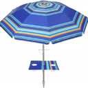 PASAMIC 7ft Beach Umbrella for Sand Featuring a Built-in Table with Sand Anchor & Tilt, UPF 50+ Protection Beach Umbrella for Heavy Duty Wind with Bag and Hook, Dark Blue Stripes（Random pattern）