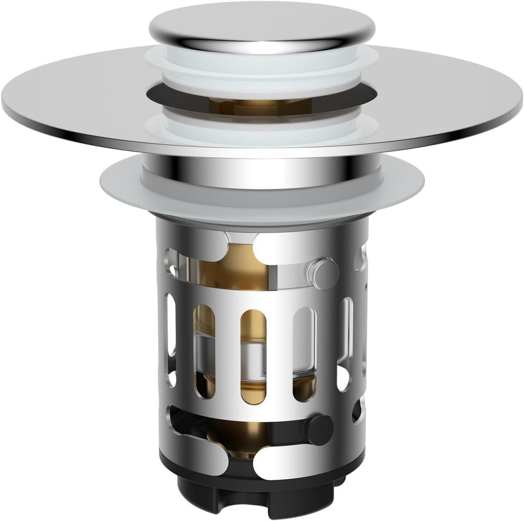 Hibbent Upgraded 3 In 1 Bathroom Sink Drain Strainer, Universal Pop Up Stopper with Removable Stainless Steel Filter Basket Hair Catcher, Sink Plug For 1.1''~2.36'' Basin, Brass Bullet Core, Chrome