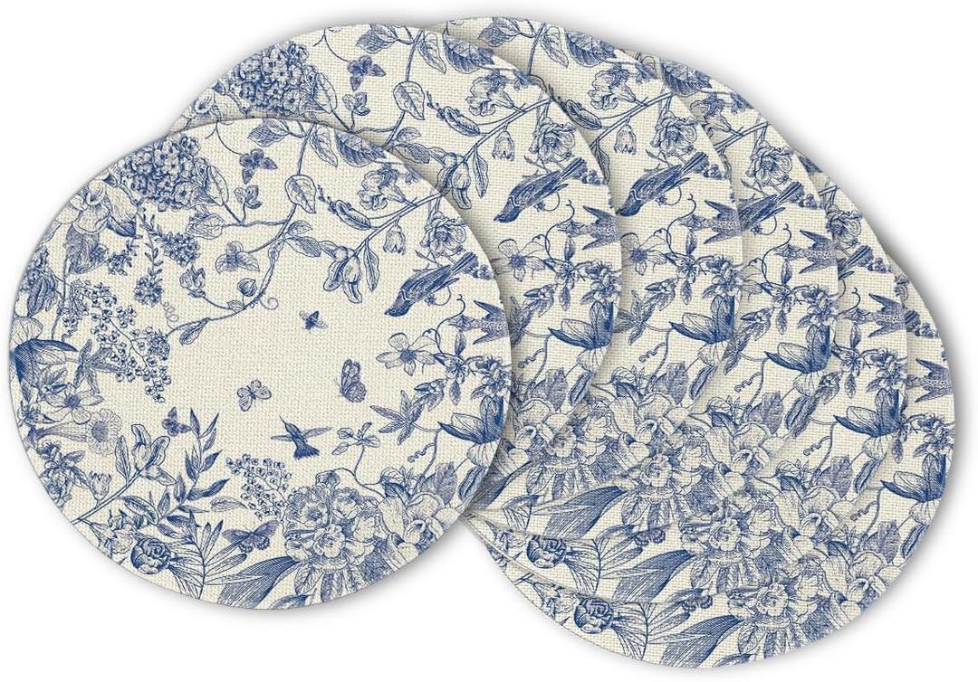 Artoid Mode Watercolor Monochrome Sketch Birds and Flowers Spring Round Placemats Set of 6, 14 Inch Summer Round Table Mats for Dining Decoration (Blue)