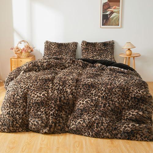 XeGe Fluffy Faux Fur Cheetah Print Duvet Cover Set, 1 Plush Fuzzy Soft Leopard Comforter Cover and 2 Furry Pillowcases, 3 Pieces Luxury Farmhouse Shaggy Bedding Set with Zipper, Brown and Black, Queen