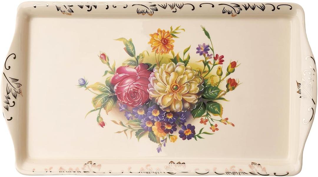 YOLIFE Ceramic Tea Serving Tray, Floral with Gold Leaves Trim Decorative Platter for Tea Party - 13.5 x 7.5 inch (Flowering Shrubs)
