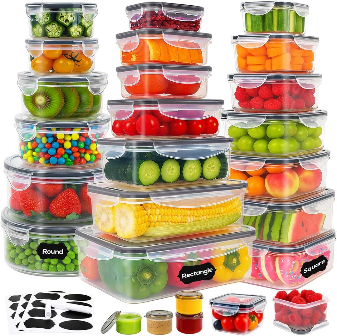 50 PCS Thicker Food Storage Containers with Lids, Clear Stackable Airtight Leakproof Reusable Plastic Meal Prep Container Set for Kitchen Storage/ Lunch, Fridge/ Microwave Safe with Labels&Pen (405oz-25 Pack)