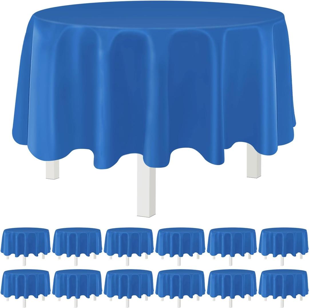 Blue 12 Pack Plastic Tablecloths 84" Disposable Round Table Cloth Plastic Table Cover for Party Disposable Tablecloths