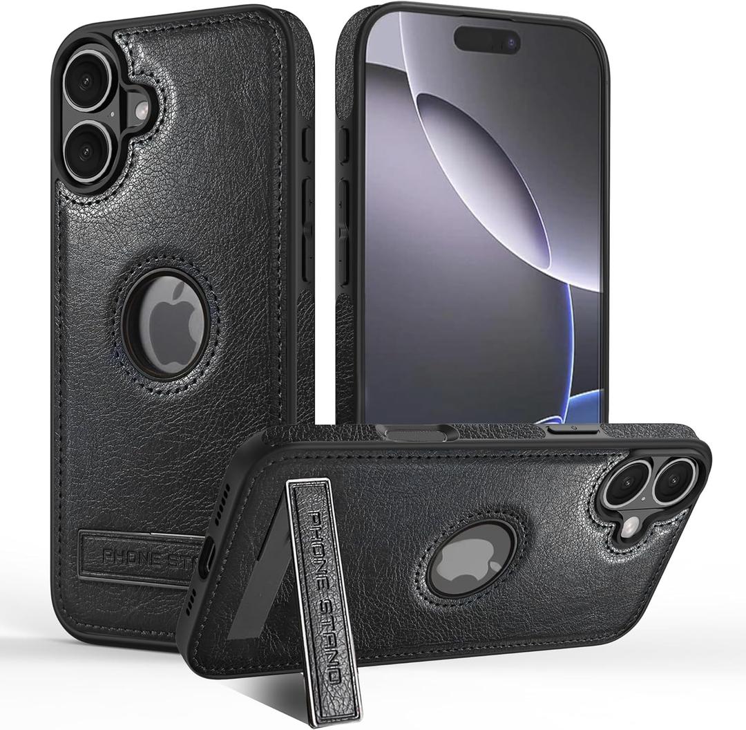Leather Case for iPhone 17 Case, Protective Slim with Kickstand Shockproof Phone Cases, Built-in Invisible Stand Compatible with iPhone 17 6.3'' (Black)