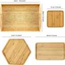 Bamboo Serving Trays 16.5"x11.8"42x30cm with Handle, Set Includes 0.63"(1.6cm) Thick Dinner Plates Hexagon 12.5"(32cm)+Rectangle 9.8"(25cm)*5.9"(15cm)+Square 5.9"(15cm)