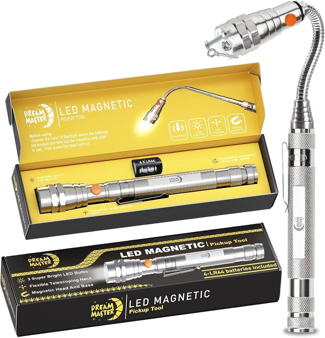 Magnetic Pickup Tool, Gifts for Men, Telescoping Magnet Flashlight, Gifts Idea & Valentines Day Gifts for Him, Men, Her, Teen Boys, Mechanic, Boyfriend, Dad, Husband, Father, Silver