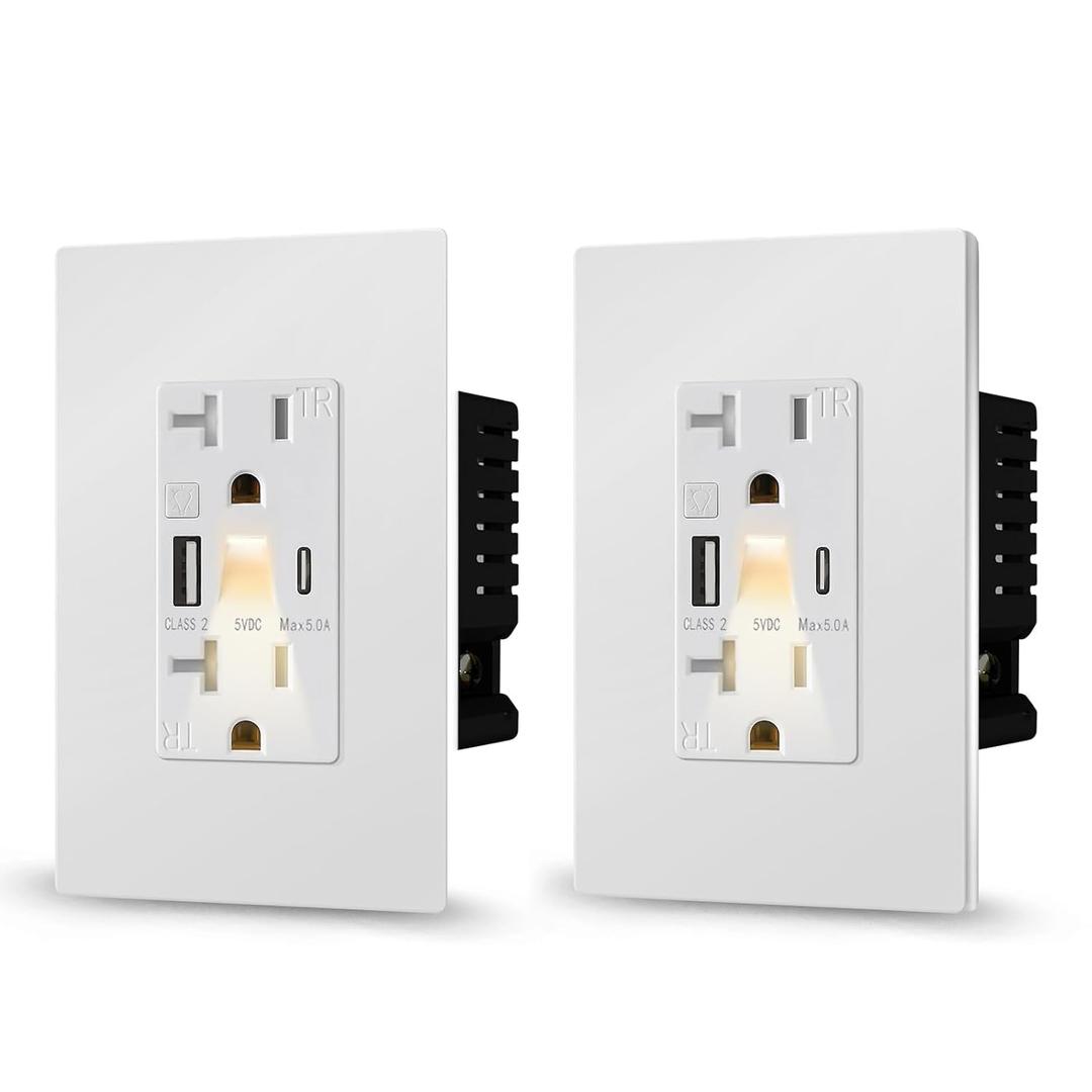 20A Outlet with LED Night Light & USB Charger, Tamper-Resistant Wall Receptacle, 5A USB Type-A & Type-C Ports, Electrical Outlet with Nightlight for Home, Bedroom, Kitchen, White (2 Pack)