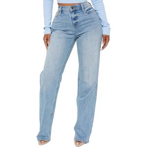 BessCops Straight Leg Jeans for Women High Waisted Wide Leg Stretchy Loose Denim Pants (Blue, M)