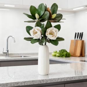 2PCS 35.4inch Artificial Magnolia Flowers with Green Magnolia Leaves and Fruit 3D Real Touch 2 Heads Long Stem Faux Magnolias Flower for Home Wedding Table Office Floral Arrangement Decoration (White)