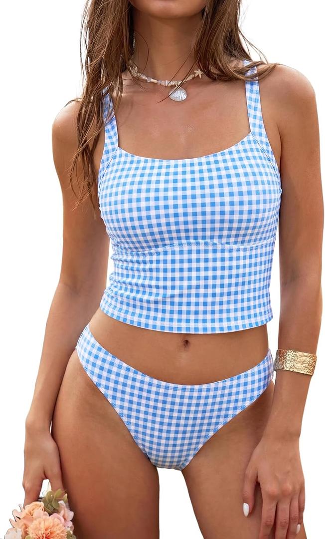 ZAFUL Women's Tankini Swimsuits Tummy Control Swimwear Two Piece Bathing Suits Swim Top with High Waisted Bottom (Blue, S)