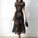GothDark Women's Summer Floral Mesh Ruffle Dress Short Sleeve Round Neck Waist Cinched Casual Maxi Wedding Guest Dresses (Black) S