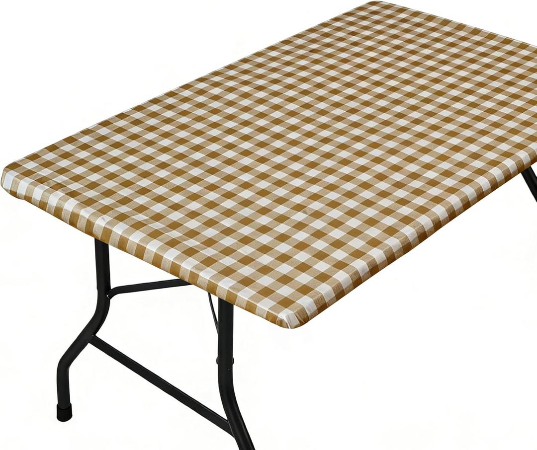 Rectangle Picnic Table Cloth, Elastic Waterproof Fitted Vinyl Tablecloths for 4 Foot Tables, Wipeable Flannel Backed Table Covers for Dining, Camping, Outdoor(Khaki Plaid,24"x48")