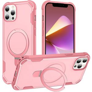 Compatible with iPhone 12 Case & iPhone 12 Pro Case with Invisible Magnetic Kickstand [Compatible with MagSafe] [10-FT Military Drop Protection] Hard Back Soft Edge 6.1 Inch, Pink