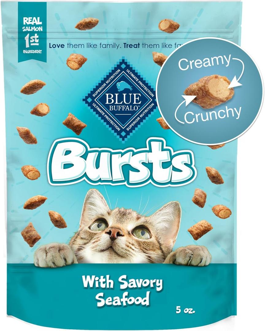 Blue Buffalo Bursts Crunchy & Creamy Cat Treats, Great for Training, Savory Seafood, 5-oz Bag (EXP 07/29/26)