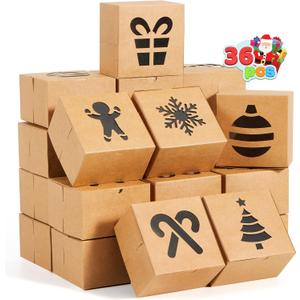 JOYIN 36 PCS Christmas Cookie Boxes for Gift Giving, Brown Bakery Treat Boxes with Window, 4" x 4" x 2.5" Gift Wrap Box for Xmas Holiday Party Favor Pastries, Cupcakes, Donuts, Brownies, Donuts