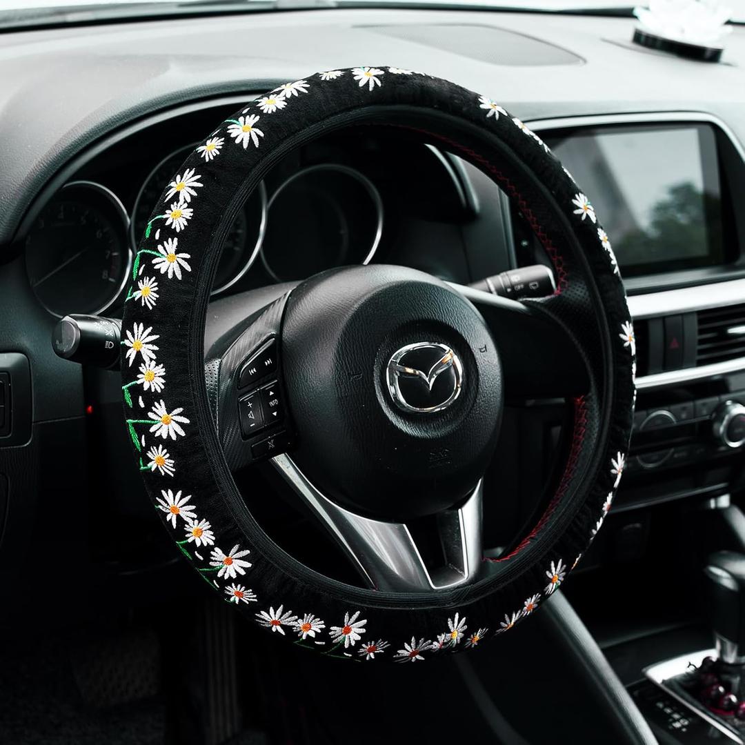 Embroidered Cute Daisy Black Steering Wheel Cover,Flower Steering Wheel Cover Protector for Women,Universal Fit Most Cars -15 inch