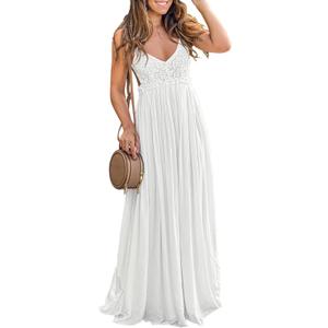 Ladmous Women's V Neck Floral Lace Wedding Dress Sleeveless Bridesmaid Evening Party Maxi Dress (Size Medium, White)