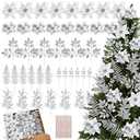 CraftyDream 40 Pcs Christmas Glitter Artificial Poinsettia Flowers Picks and Artificial Tropical Leaves Glitter Berries Stems Cedar Picks Pine Needles for Xmas Tree Home Decoration(Silver)