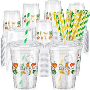 Domensi 50 Pcs Locally Grown Baby Shower Plastic Cup 12 oz Fruit & Vegetable Thick Clear Cup Farmer Market Baby Shower Wedding or Gardener Theme Farm Party Table Decorations Party Favor