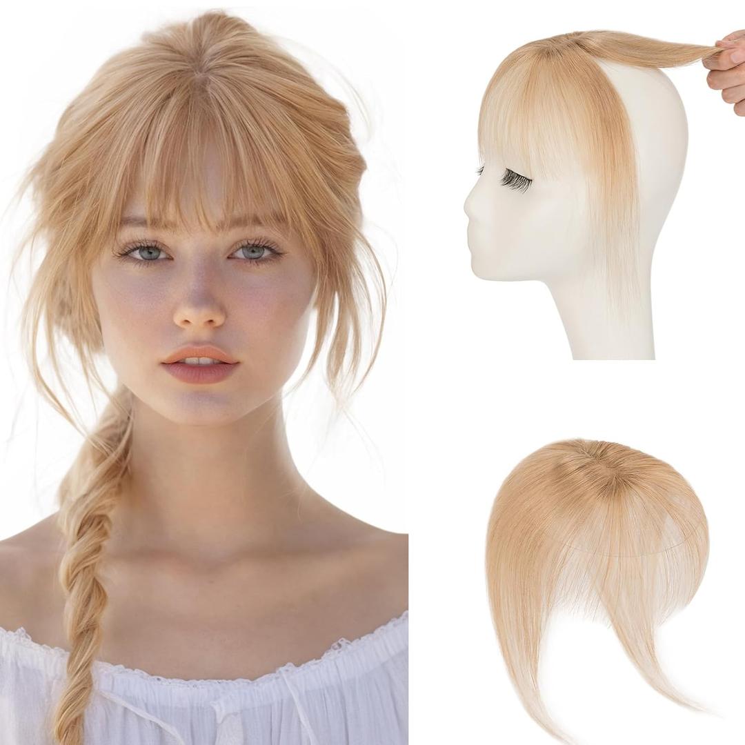 Hairro Bangs Hair Clip 3D 360Cover Clip On Bangs Remy Human Hair Topper With Bangs Fringe French Bangs With Temples Clip In Bangs Hair Extensions 8 Inches 10g #27 Dark Blonde