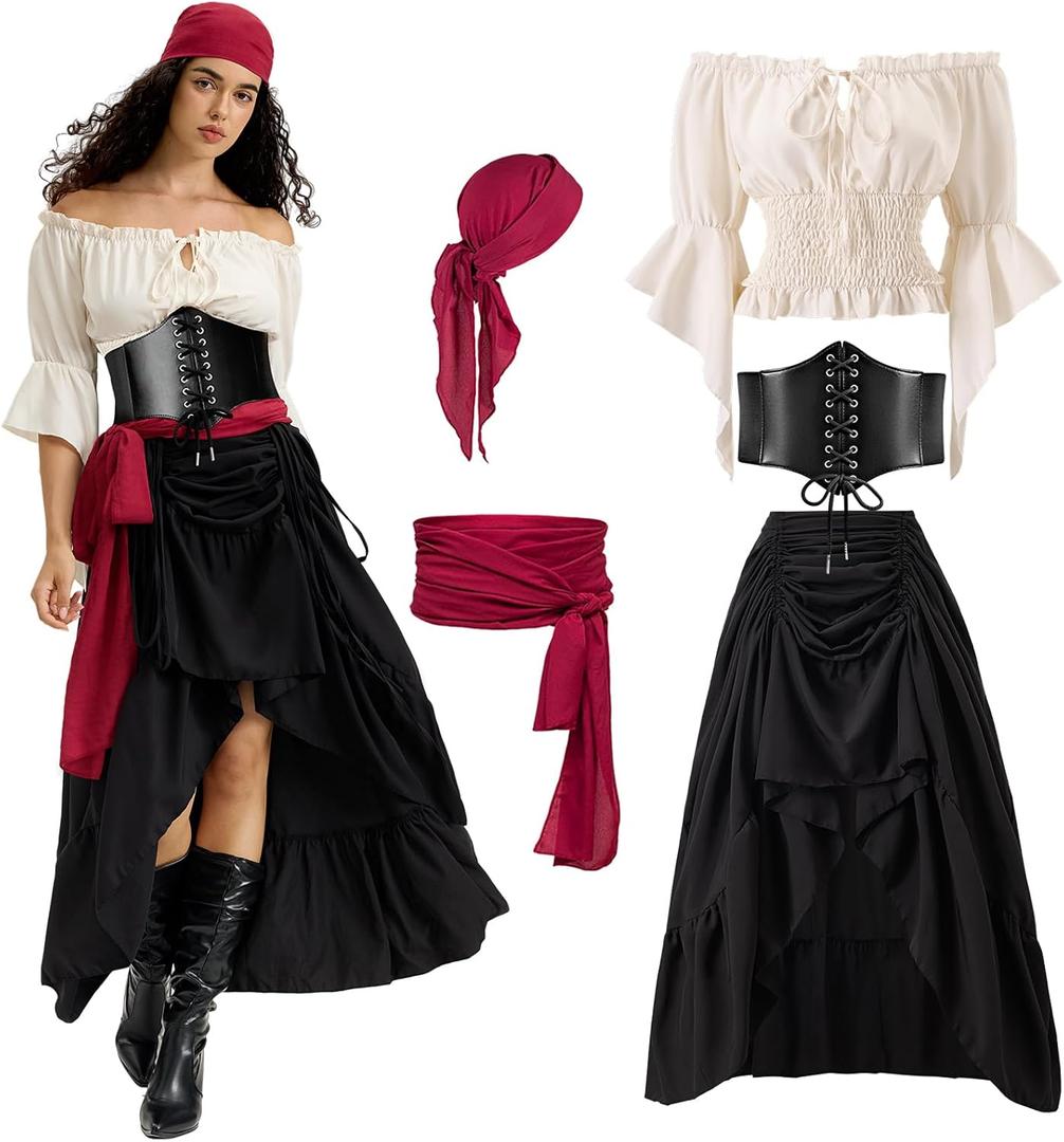 Women Pirate Costume with Peasant Blouse Off Shoulder Trumpet Sleeve Tops Victorian Steampunk Skirts, XXL
