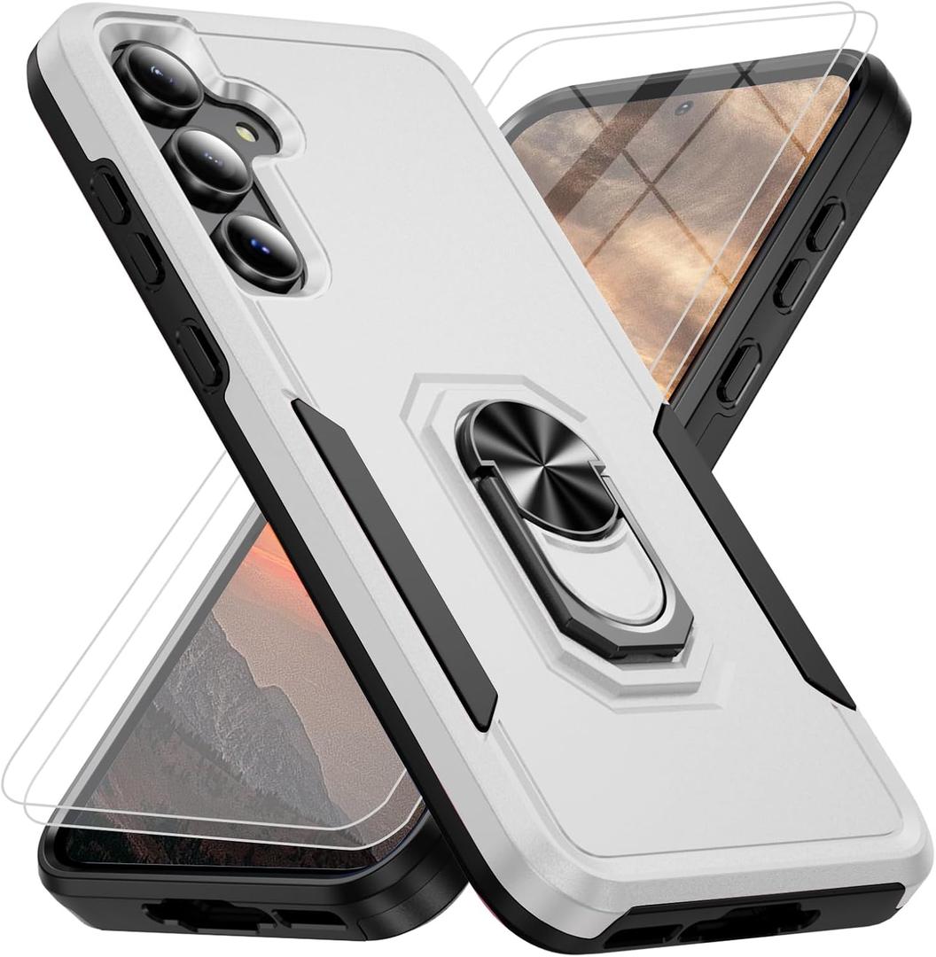 for Samsung Galaxy A35 5G Phone Case with 2X Tempered Glass Screen Protector, Heavy-Duty [Military Grade] Shockproof Kickstand Case for Samsung Galaxy A35 5G (White)