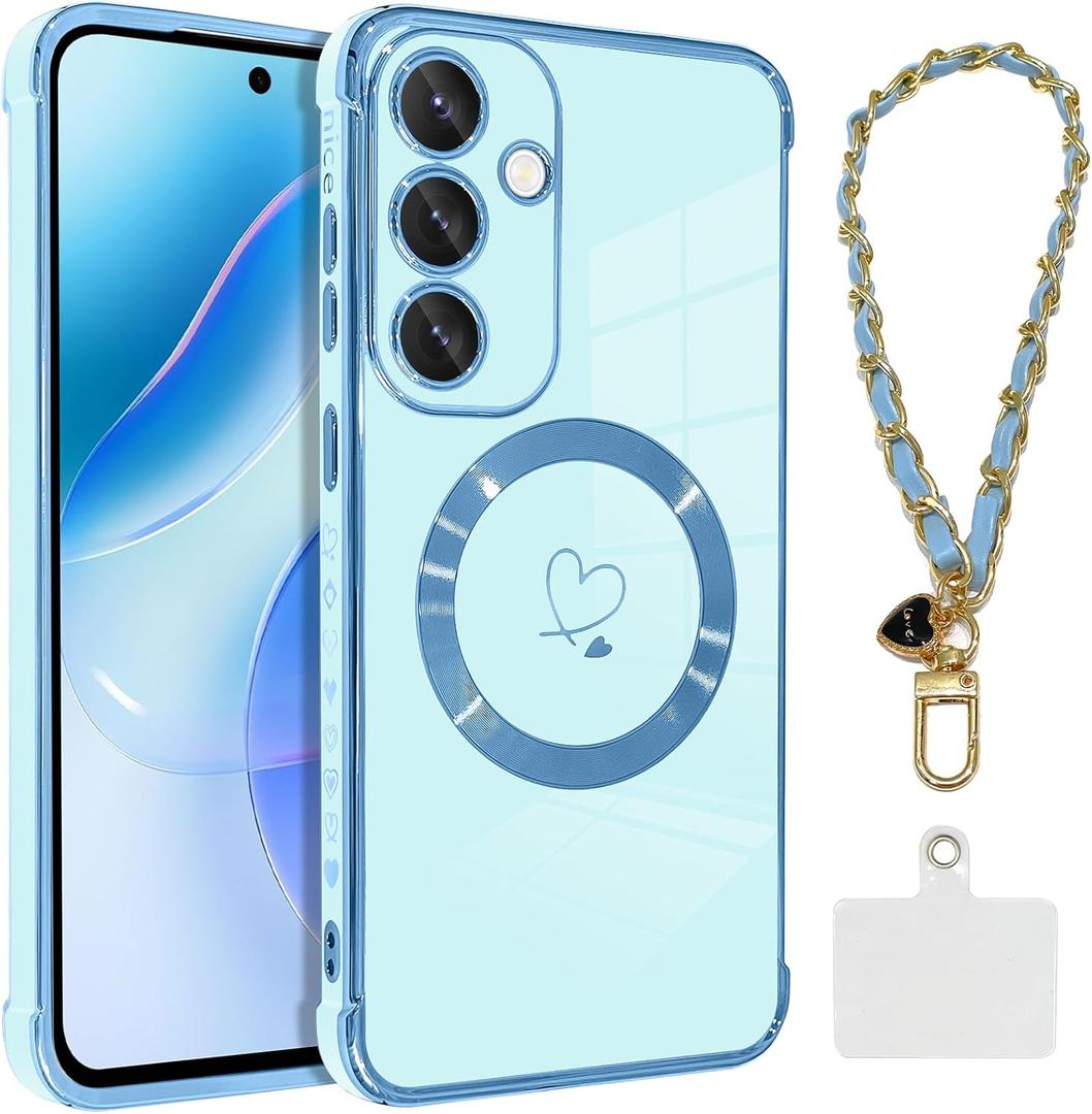 OOK Magnetic Phone Case for Samsung Galaxy S25 6.2 Inch [Wireless Charging Compatible] Soft TPU Heart Design Shockproof Protection Electroplated Slim Case with Strap Lanyard - Blue