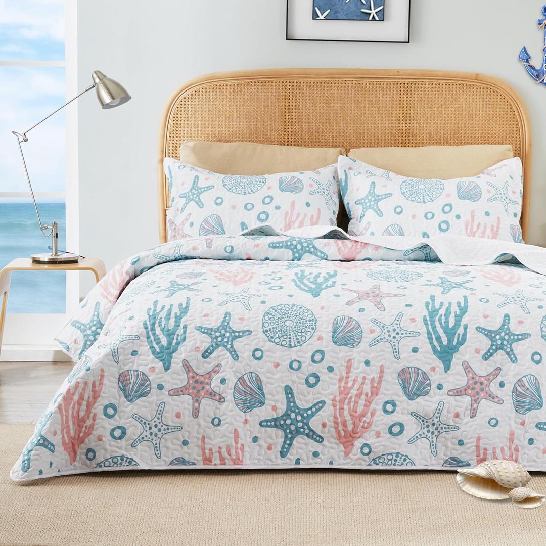 Love's cabin Quilts for Queen Coastal Pink Bedspreads Bedding Set - Summer Beach Nautical Quilt Lightweight Bedspread - Reversible Bedding Coverlet for All Season - 3 Piece (Full/Queen (90"x96"))