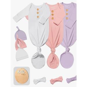 3 PK Baby Knotted Gowns Set with Mittens, Hats, Headbands & Wooden Name Tag for Breathable Newborns Going Home Outfit Newbord