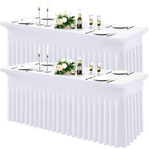 Moosfor Spandex Fitted 6FT Rectangle Tablecloth 2 Pack, Elastic Stretch Wrinkle Resistant Table Skirt, Washable Reusable Table Cover for Wedding, Banquet, Party, Events (White, 72Lx30Wx30H Inch)