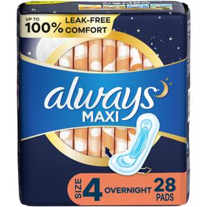 Opened Always Maxi Overnight Pads with Wings for Women, Size 4, Overnight Absorbency, Unscented, 28 Count