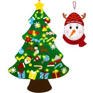 Flechllary 3ft DIY Felt Christmas Tree for Toddlers, Set Plus Snowman Advent Calendar with 33 Removable Ornaments, Wall Hanging Xmas Gift for Kids with String Lights (Batteries Not Included)