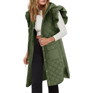 Tankaneo Womens Long Puffer Vest Ruffle Sleeve Winter Coats Hood Sleeveless Quilted Jackets Outwear, M