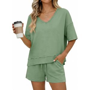 Tankaneo Womens 2 Piece Outfits Shorts Set Summer Casual Short Sleeve V Neck T Shirts Tops Matching Lounge Sets (Green, XXL)