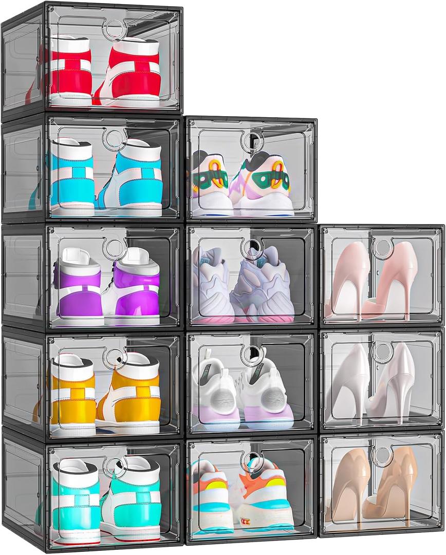ARSTPEOE 12 Pack Upgrade Harder Shoe Organizer, Shoe Storage with Magnetic Front Door, Clear Shoe Boxes Foldable Space-Saving Shoe Rack for Sneaker Boot Container, Black