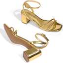 DREAM PAIRS Women's Chunky Strappy Heels Square Open Toe Ankle Buckle Low Heels Sandals for Daily Wedding Party Dress, Size 6, Gold